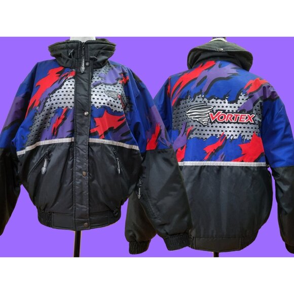 Vintag 90s Racing Bomber Jacket Vortex Insulated Womens M Black Blue Purple Red - Picture 2 of 15